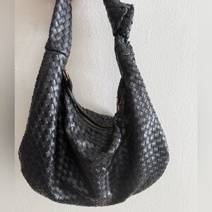 MELIE BIANCO LARGE SATCHEL: Black Leather Woven Hobo Bag